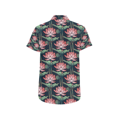 Water Lily Pattern Print Design WL03 Men's Short Sleeve Button Up Shirt