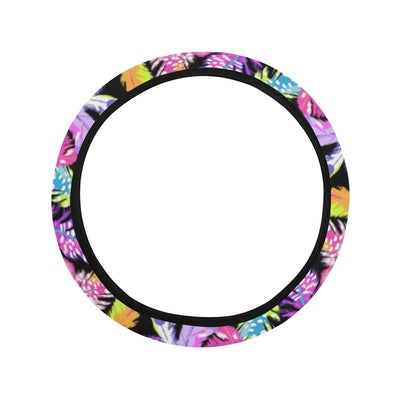 Neon Feather Pattern Print Design A02 Steering Wheel Cover with Elastic Edge