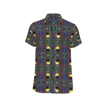 Yin Yang Neon Color Design Print Men's Short Sleeve Button Up Shirt