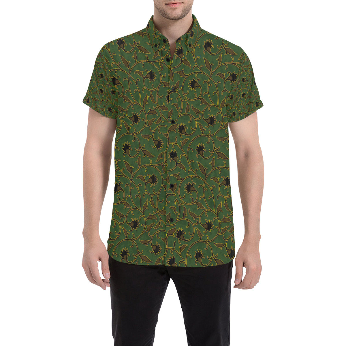 Brocade Pattern Print Design 02 Men's Short Sleeve Button Up Shirt