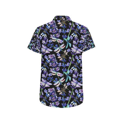 Lavender Dragonfly Pattern Print Design LV03 Men's Short Sleeve Button Up Shirt