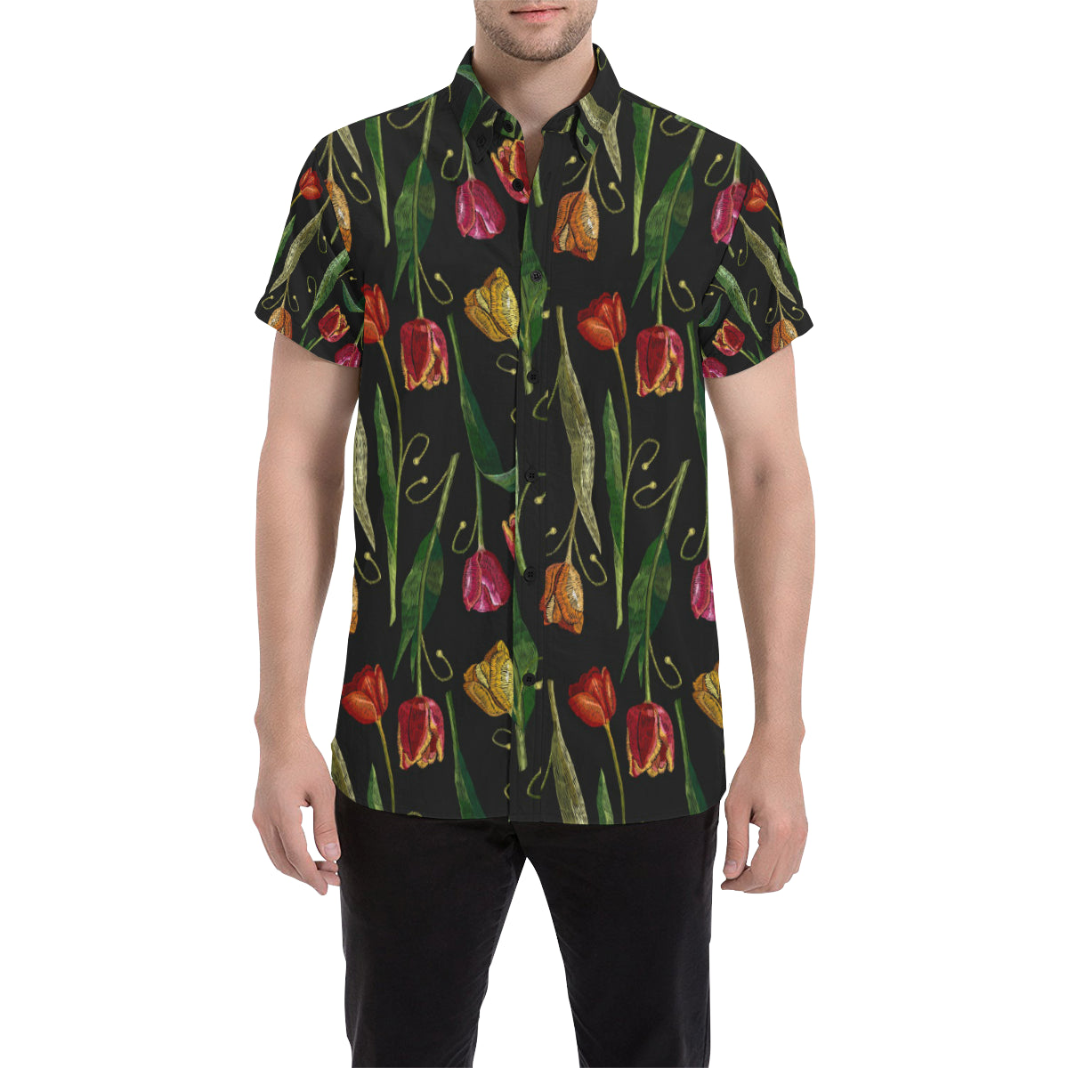 Tulip Embroidered Pattern Print Design TP01 Men's Short Sleeve Button Up Shirt