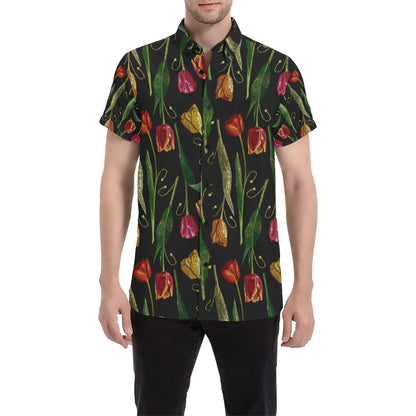 Tulip Embroidered Pattern Print Design TP01 Men's Short Sleeve Button Up Shirt