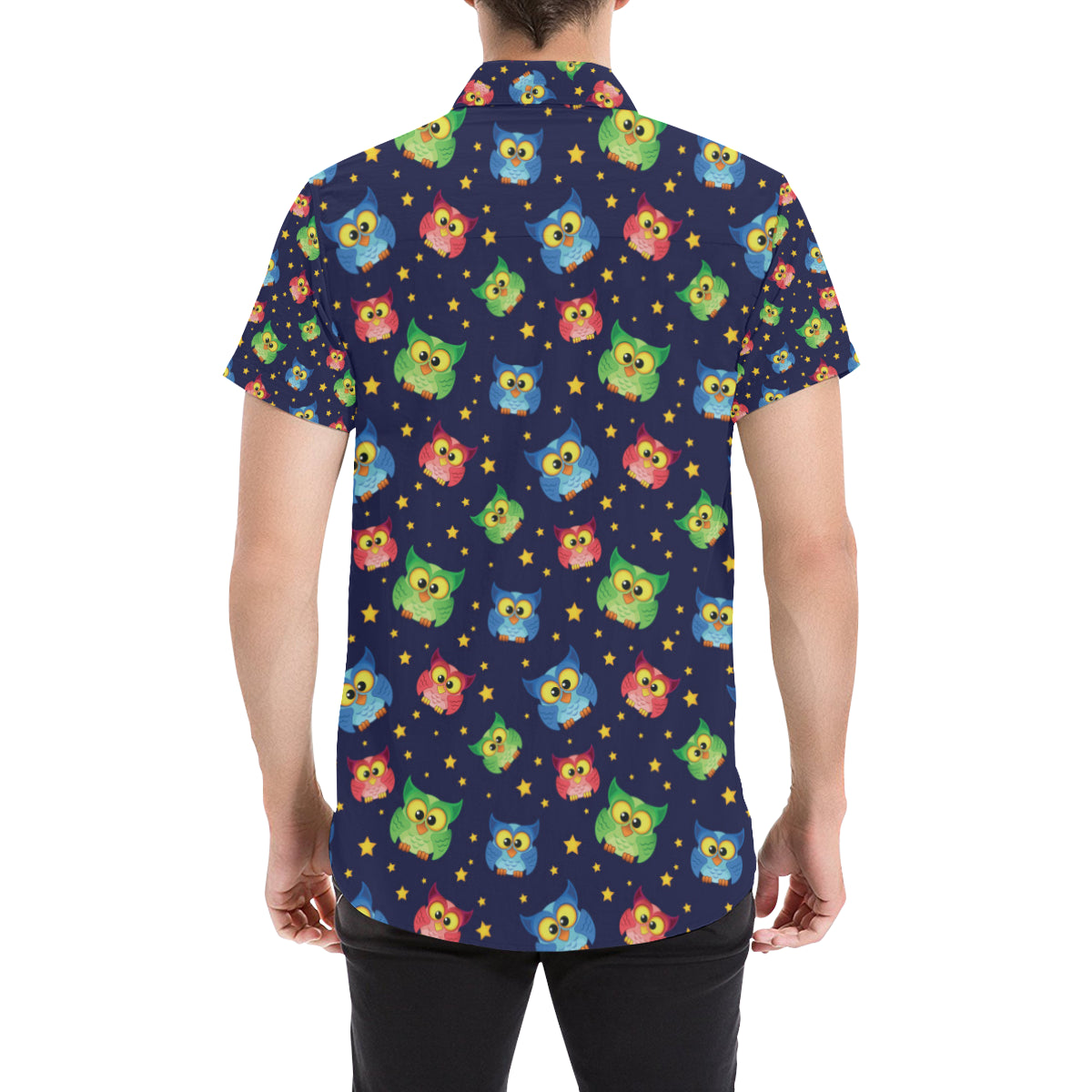 Owl with Star Themed Design Print Men's Short Sleeve Button Up Shirt