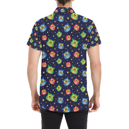 Owl with Star Themed Design Print Men's Short Sleeve Button Up Shirt