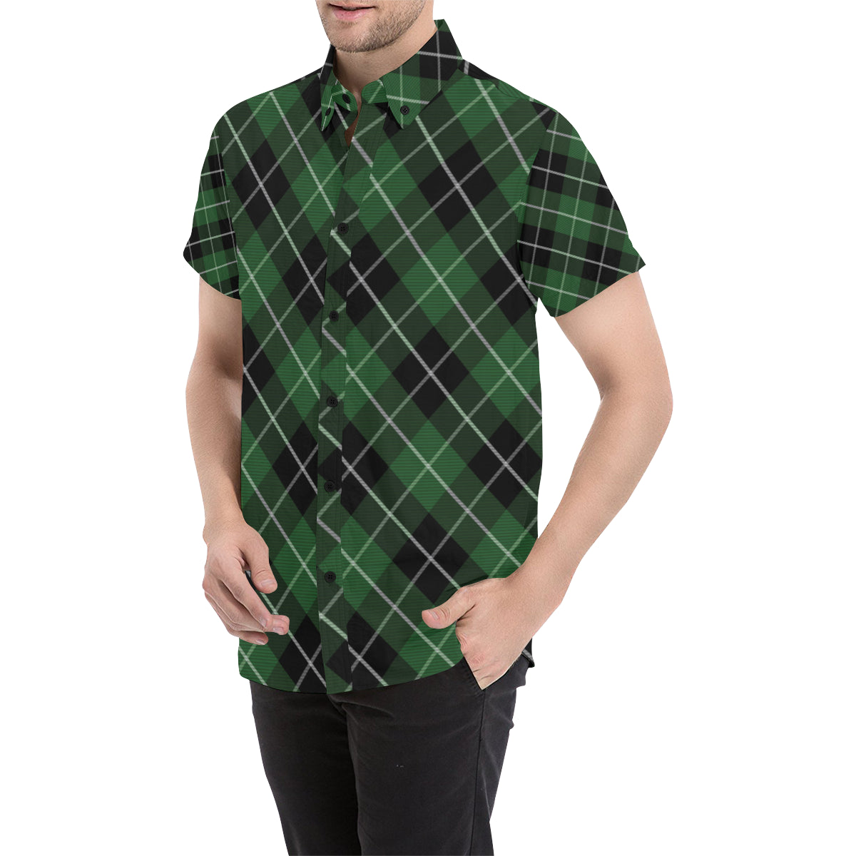 Plaid Green Pattern Print Design A05 Men's Short Sleeve Button Up Shirt