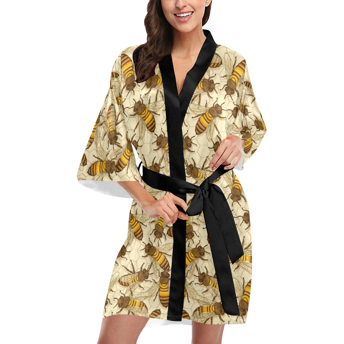 Bee Pattern Print Design BEE05 Women's Short Kimono