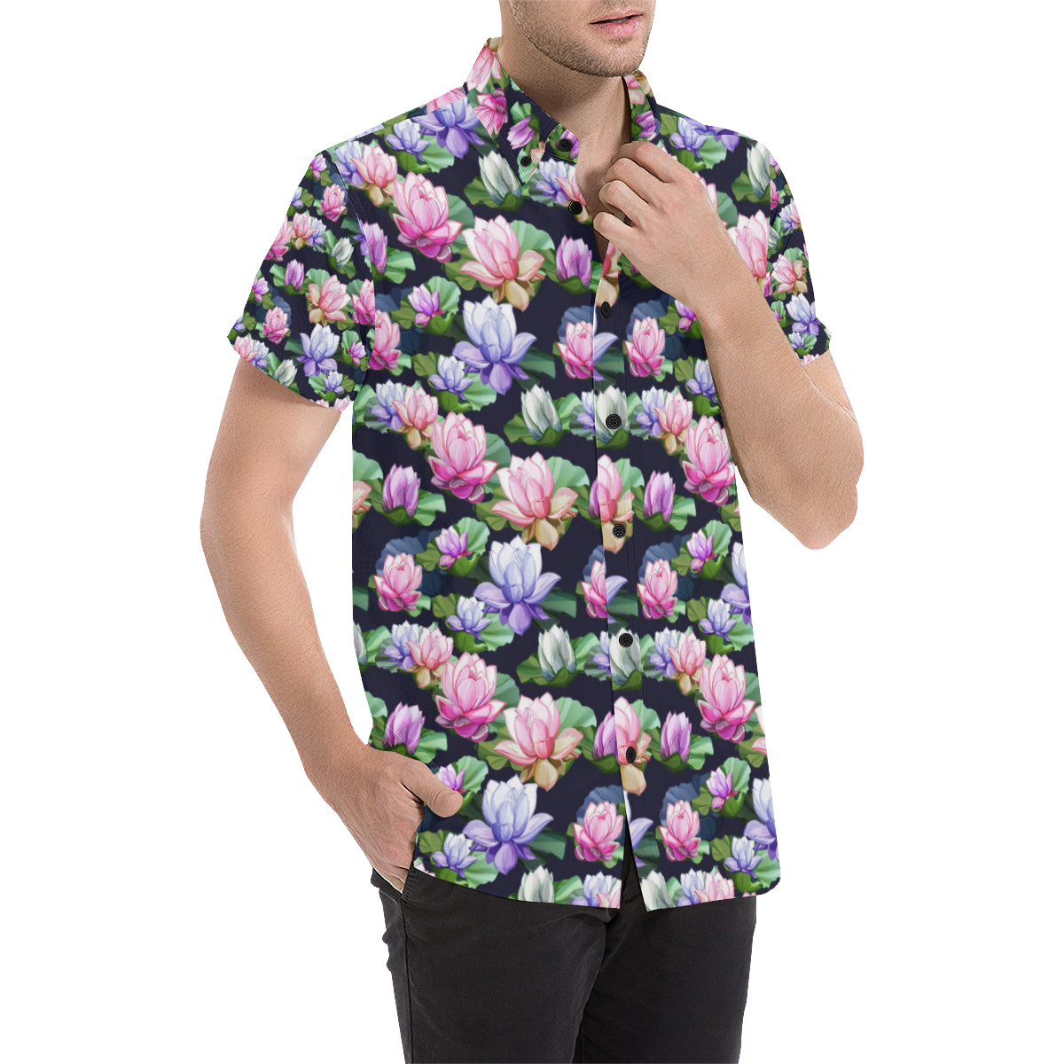 Lotus Flower Print Design Men's Short Sleeve Button Up Shirt