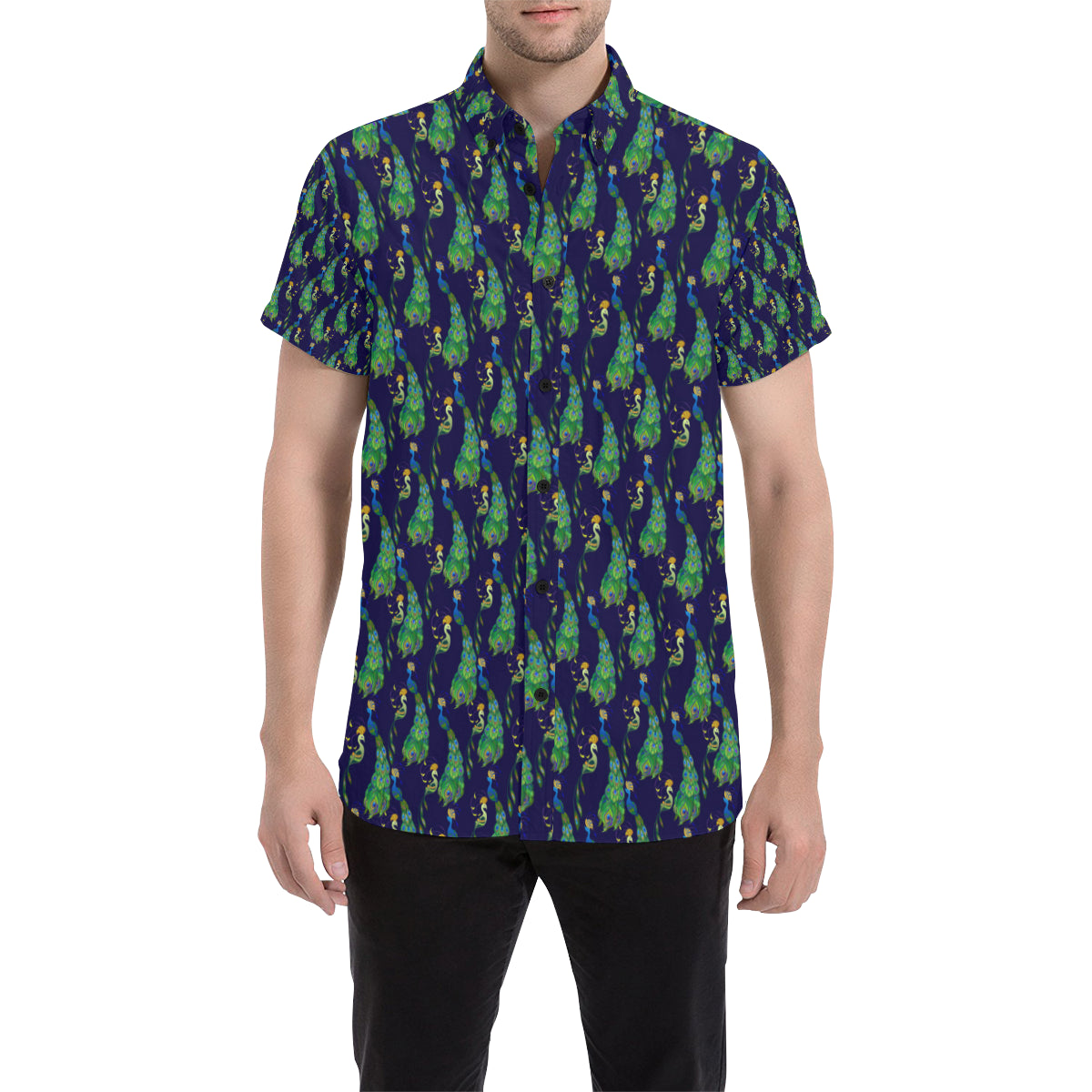 Peacock Art Design Print Men's Short Sleeve Button Up Shirt