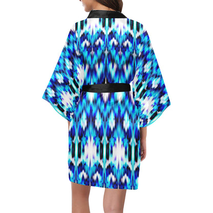 Ikat Blue Pattern Print Design 01 Women's Short Kimono