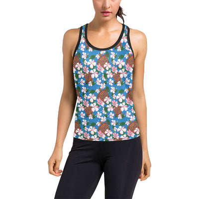 Sea Turtle Pink Hibiscus Hawaiian Print Women's Racerback Tank Top