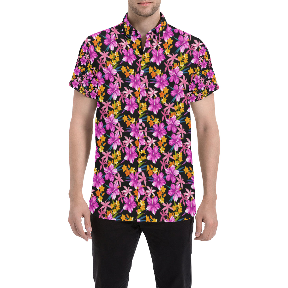 Tropical Folower Pink Hibiscus Print Men's Short Sleeve Button Up Shirt