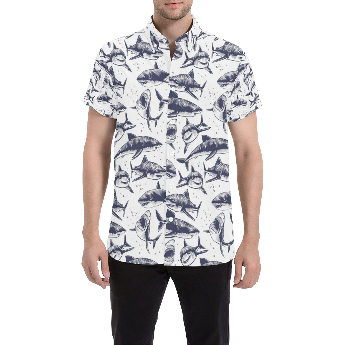 Great White Shark Pattern Print Design 02 Men's Short Sleeve Button Up Shirt