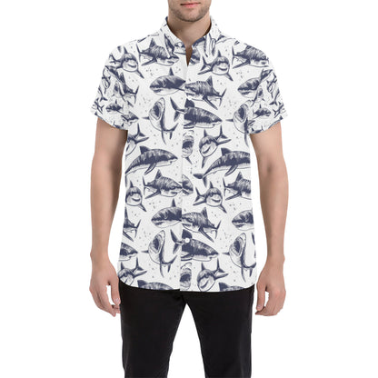 Great White Shark Pattern Print Design 02 Men's Short Sleeve Button Up Shirt