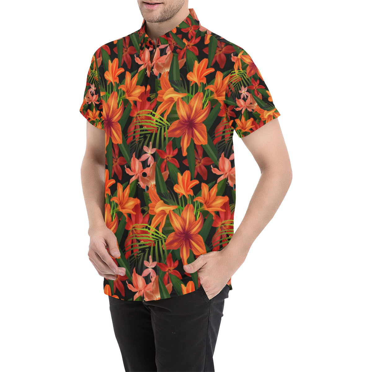 Amaryllis Pattern Print Design AL05 Men's Short Sleeve Button Up Shirt