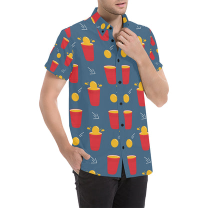 Beer Pong Pattern Print Design 02 Men's Short Sleeve Button Up Shirt