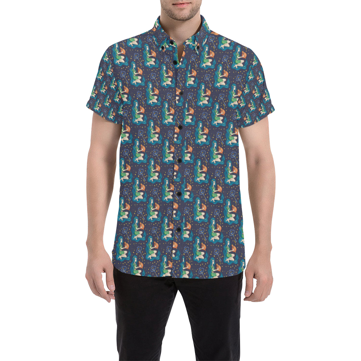 Aquarius Zodiac Pattern Print Design 03 Men's Short Sleeve Button Up Shirt