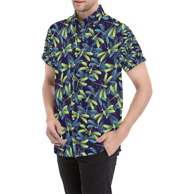 Dragonfly Lime Blue Print Pattern Men's Short Sleeve Button Up Shirt
