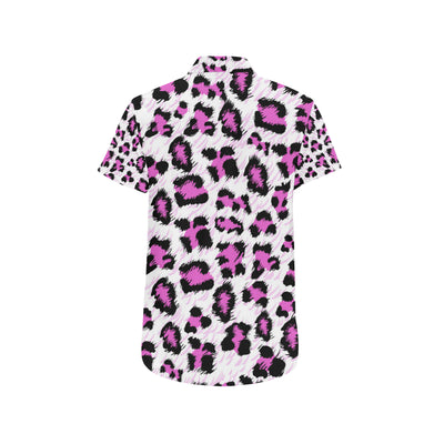 Leopard Pink Skin Print Men's Short Sleeve Button Up Shirt