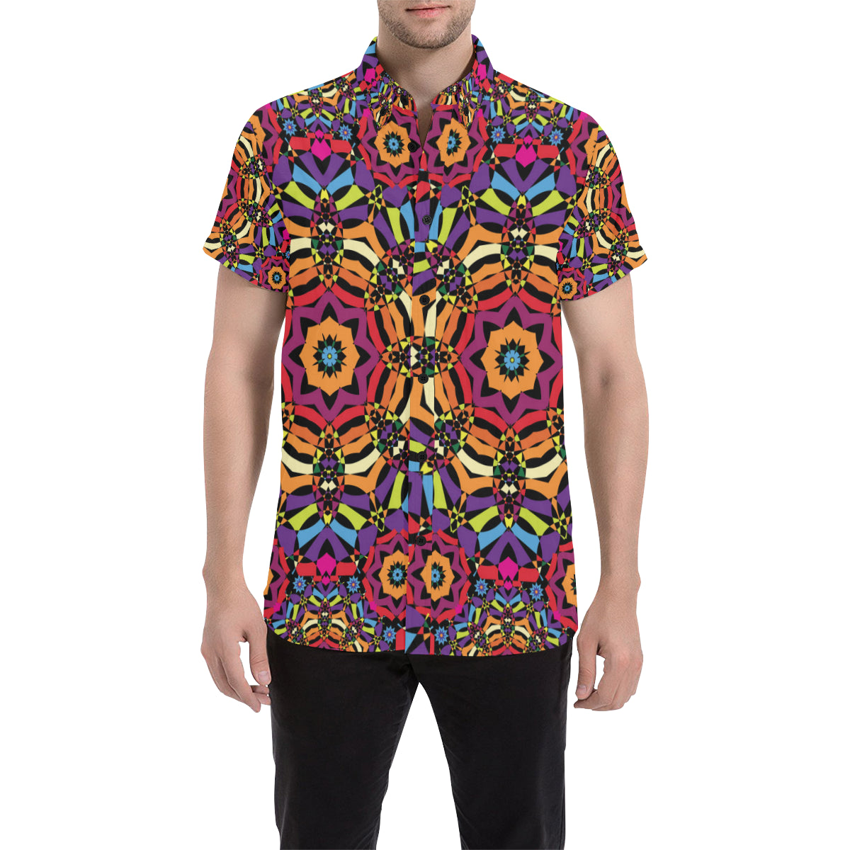 Kaleidoscope Pattern Print Design 01 Men's Short Sleeve Button Up Shirt