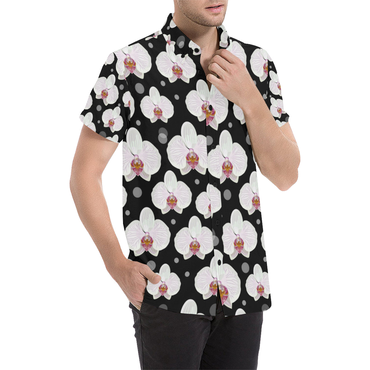 Orchid White Pattern Print Design OR09 Men's Short Sleeve Button Up Shirt