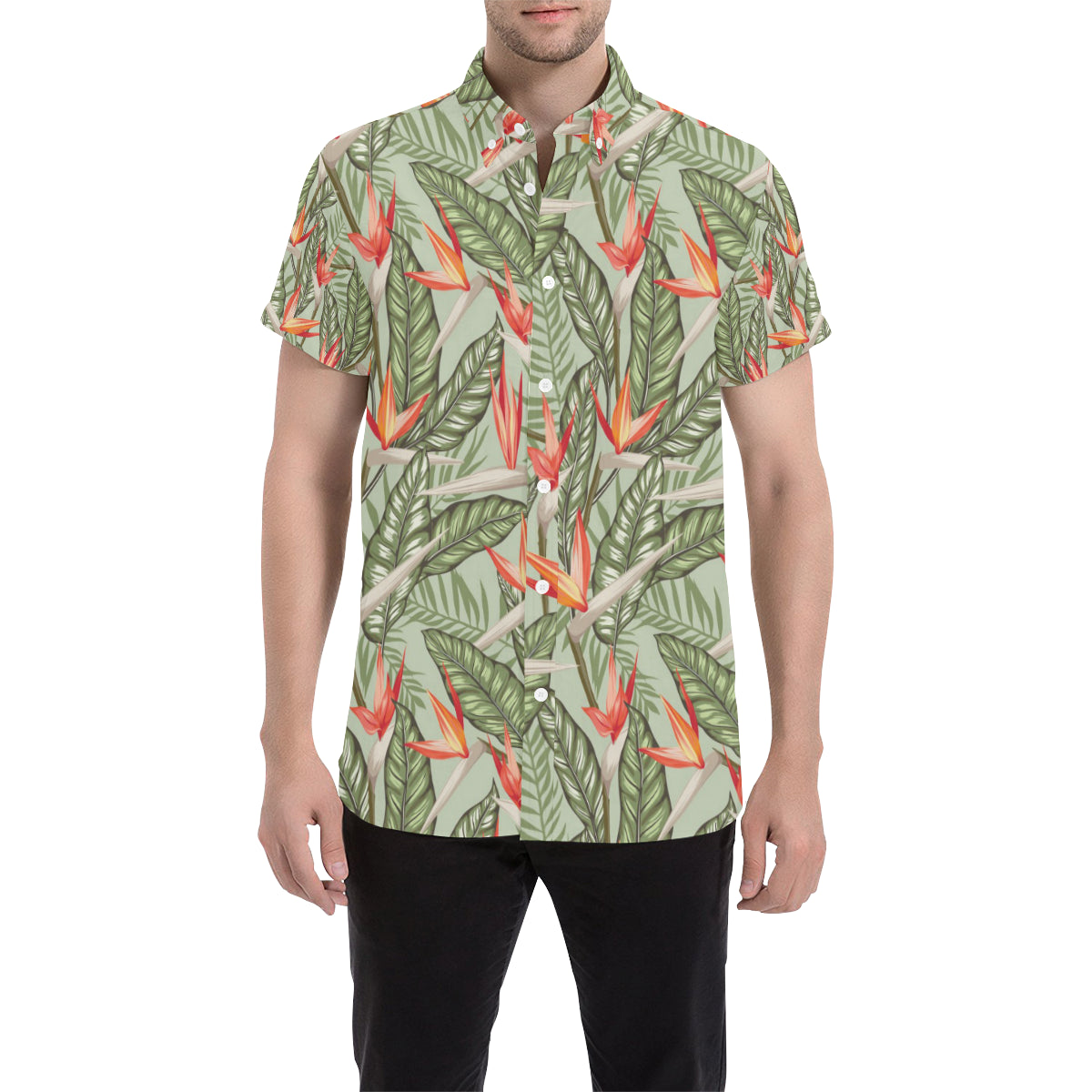 Bird Of Paradise Pattern Print Design BOP08 Men's Short Sleeve Button Up Shirt