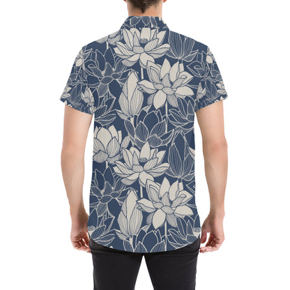 Water Lily Pattern Print Design WL04 Men's Short Sleeve Button Up Shirt