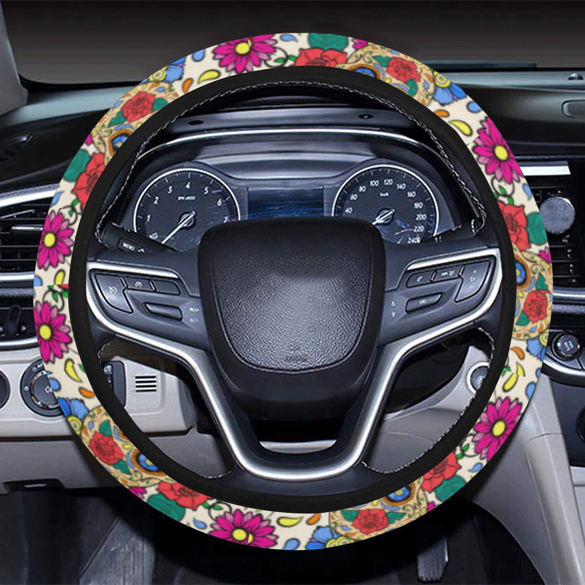 Sugar Skull Colorful Themed Print Steering Wheel Cover with Elastic Edge