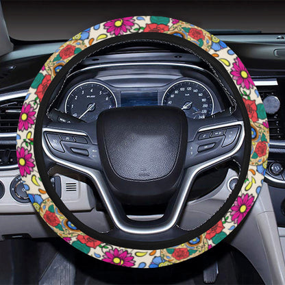 Sugar Skull Colorful Themed Print Steering Wheel Cover with Elastic Edge