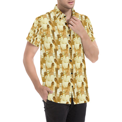 Alpaca Watercolor Design Themed Print Men's Short Sleeve Button Up Shirt