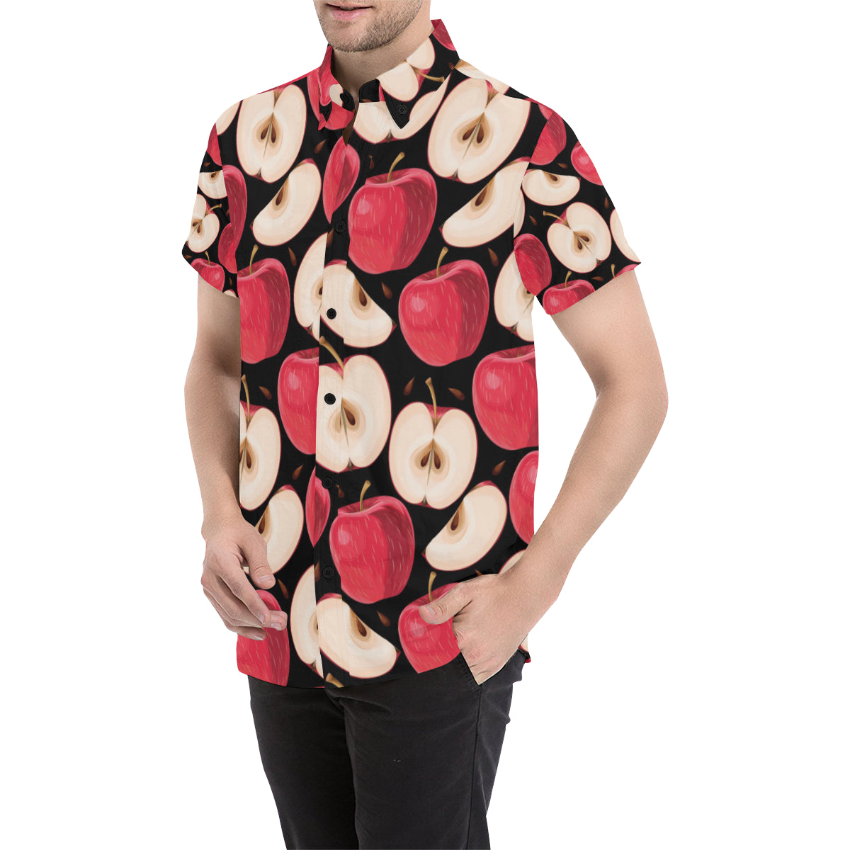 Apple Pattern Print Design AP02 Men's Short Sleeve Button Up Shirt