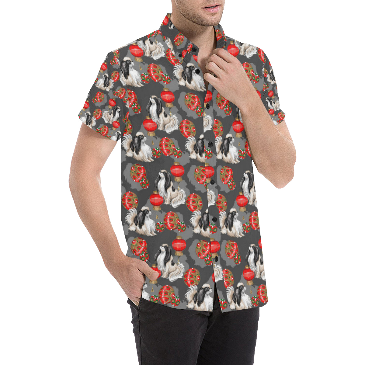 Japanese Chin Pattern Print Design 02 Men's Short Sleeve Button Up Shirt