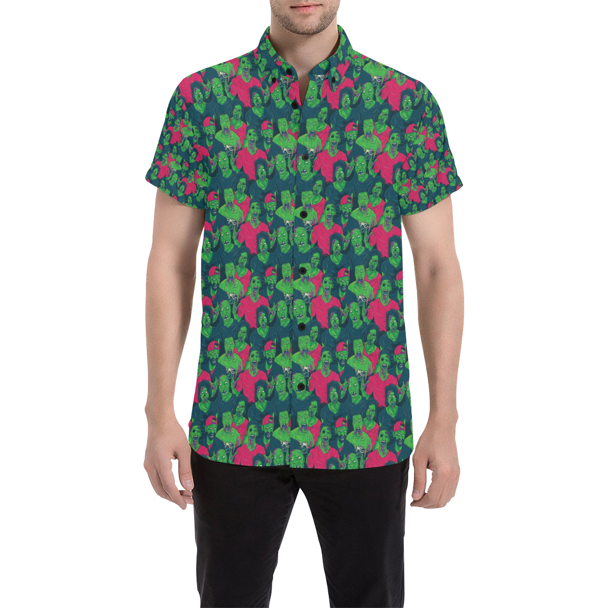 Zombie Themed Design Pattern Print Men's Short Sleeve Button Up Shirt