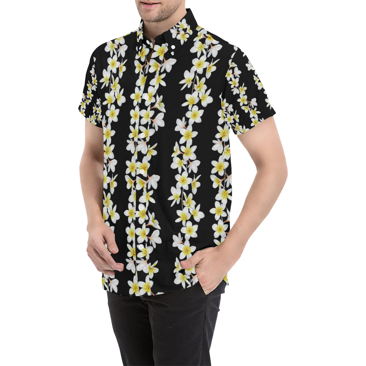 White Plumeria Pattern Print Design PM08 Men's Short Sleeve Button Up Shirt
