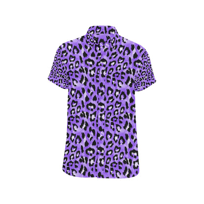 Leopard Purple Skin Print Men's Short Sleeve Button Up Shirt