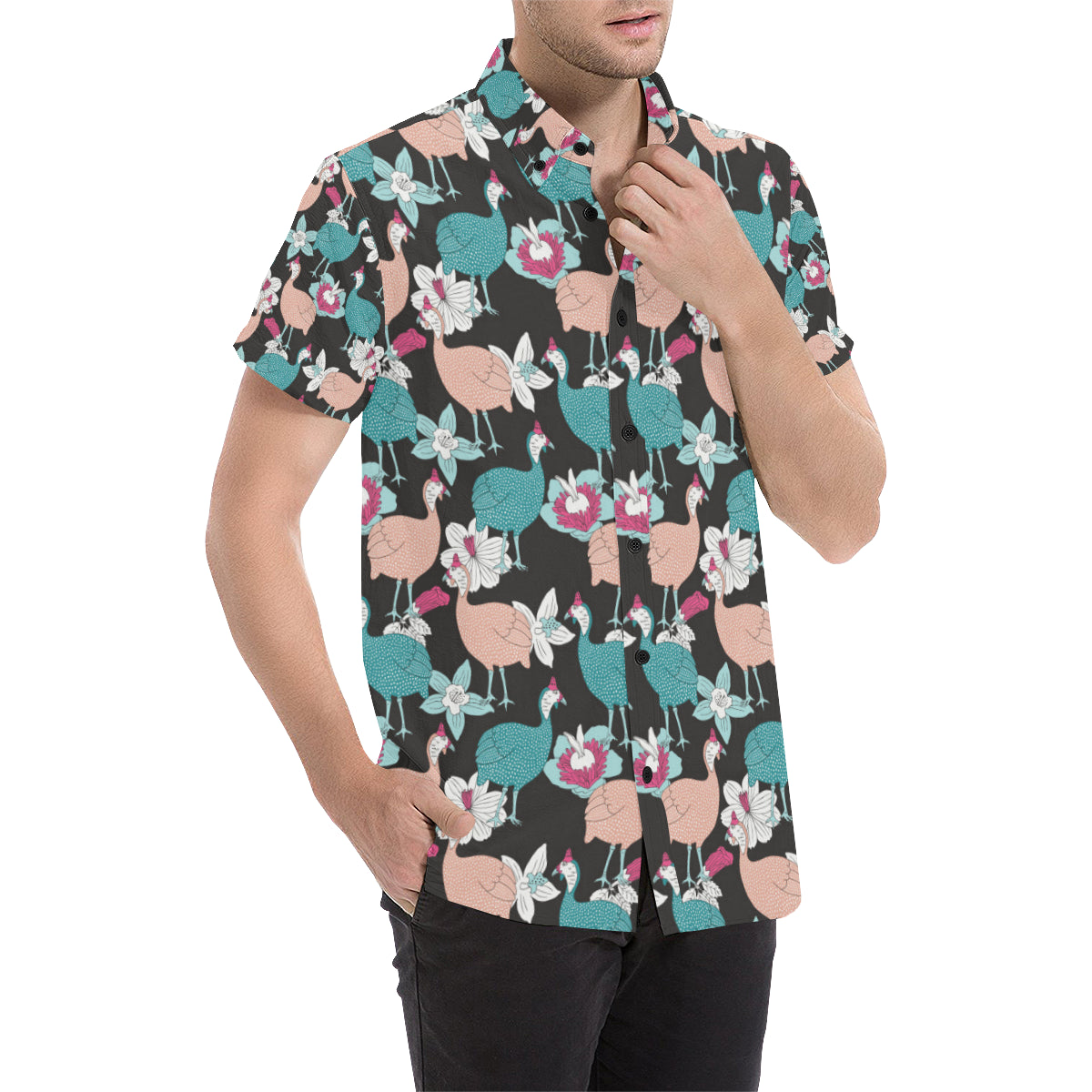 Guinea Fowl Pattern Print Design 03 Men's Short Sleeve Button Up Shirt