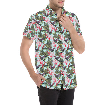 Hummingbird Cute Themed Print Men's Short Sleeve Button Up Shirt