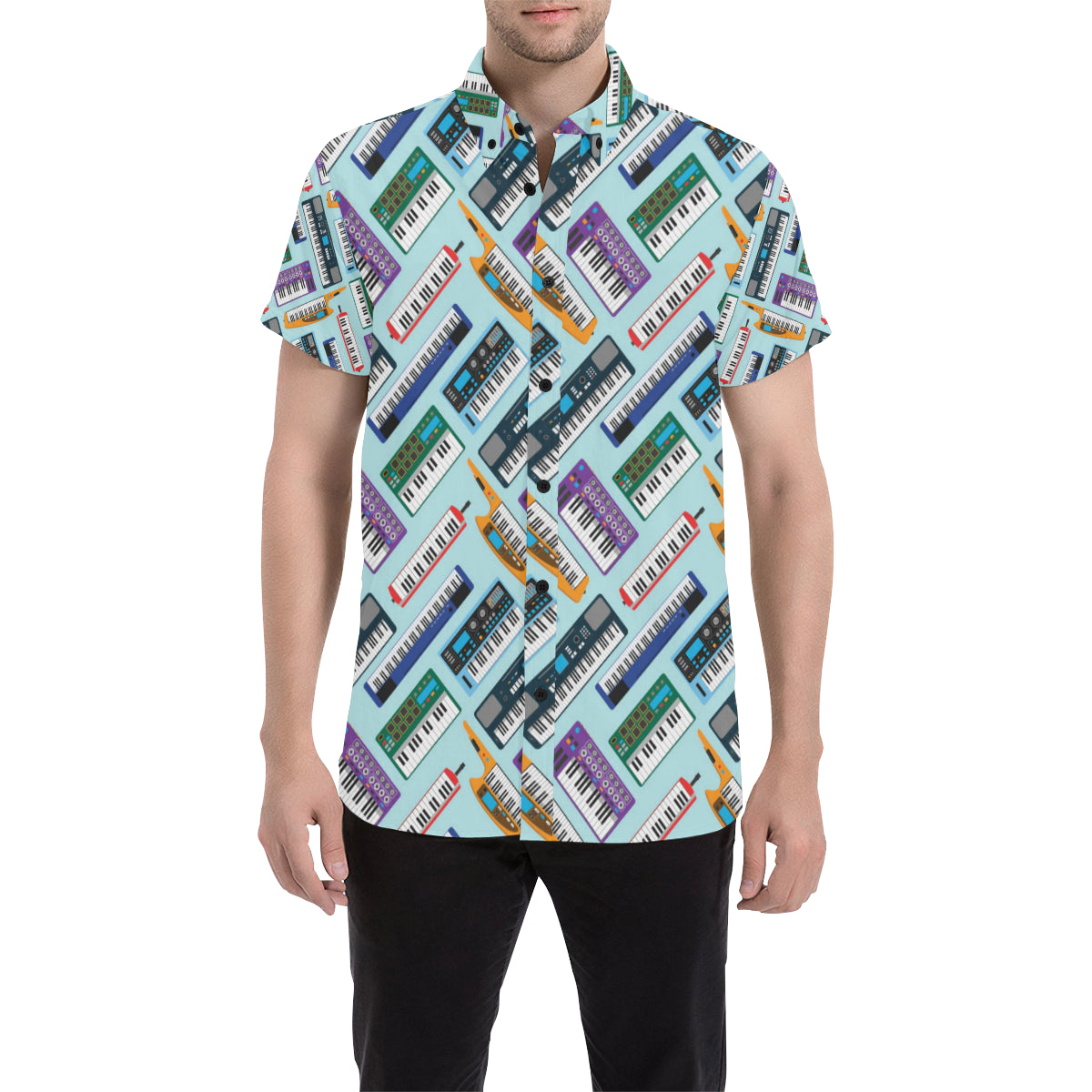 Synthesizer Pattern Print Design 02 Men's Short Sleeve Button Up Shirt