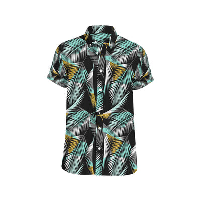 Gold Glitter Cyan Tropical Palm Leaves Men's Short Sleeve Button Up Shirt