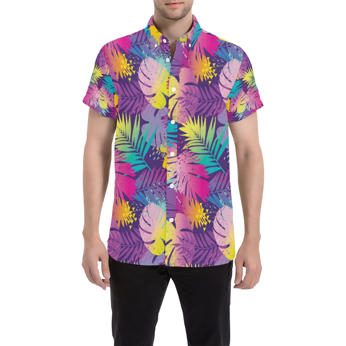 Palm Leaf Pattern Print Design A04 Men's Short Sleeve Button Up Shirt