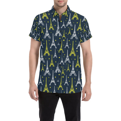 Eiffel Tower Star Print Men's Short Sleeve Button Up Shirt