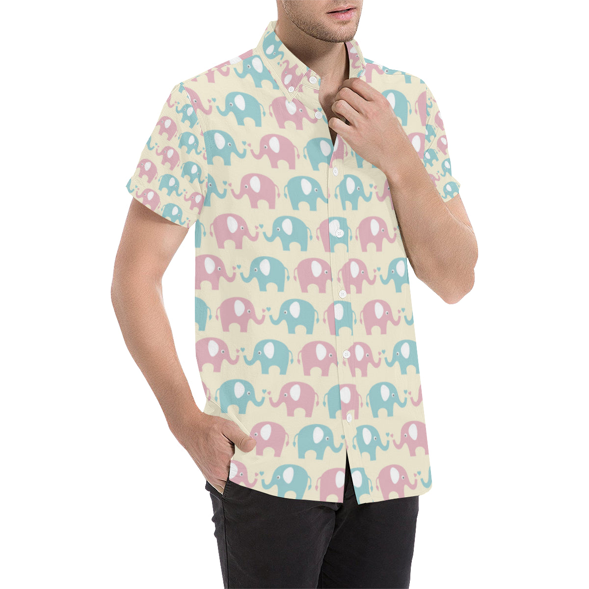 Elephant Baby Pastel Print Pattern Men's Short Sleeve Button Up Shirt