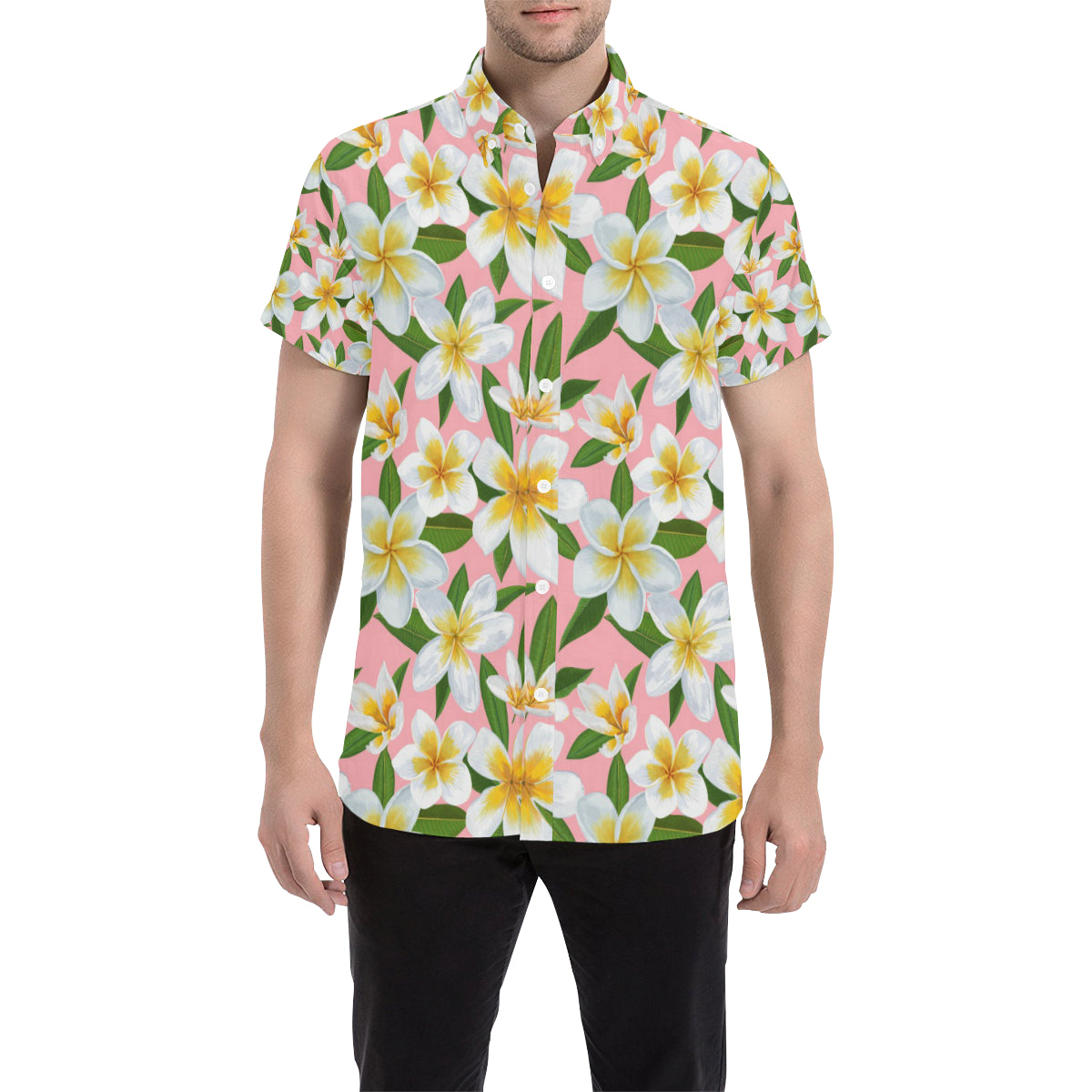 White Plumeria Pattern Print Design PM011 Men's Short Sleeve Button Up Shirt
