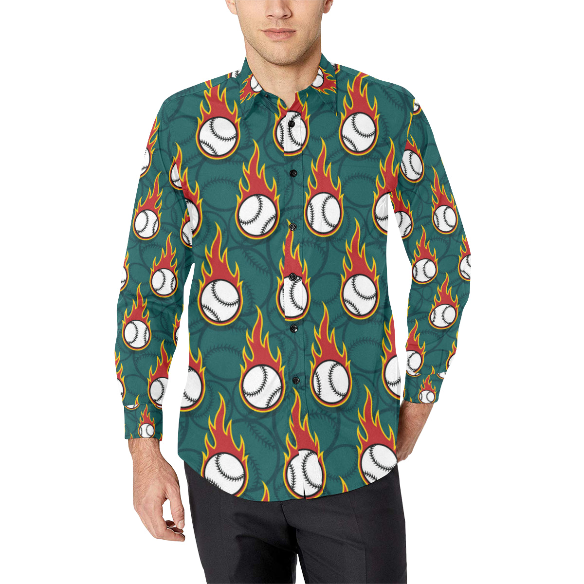 Baseball Fire Print Pattern Men's Long Sleeve Shirt
