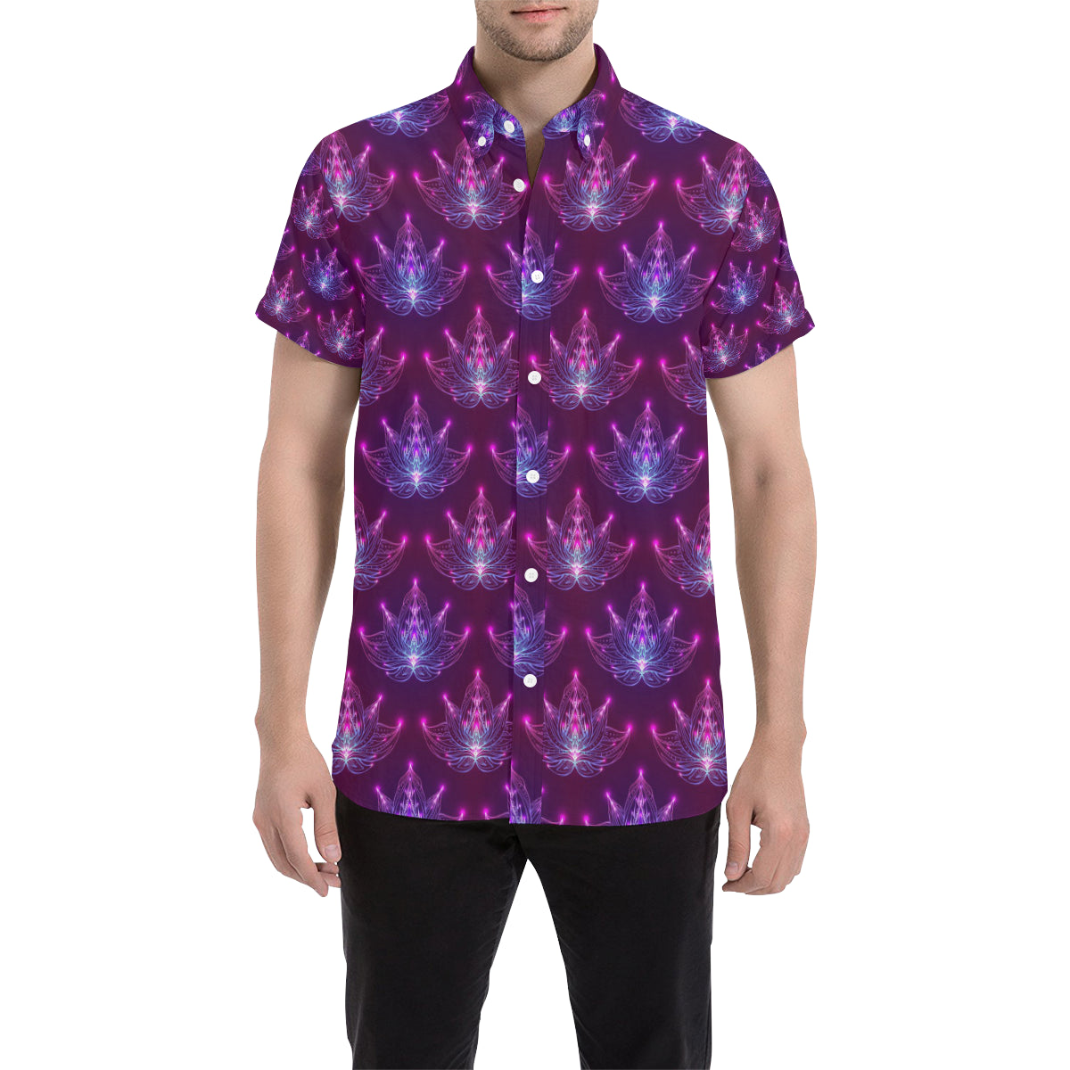 lotus Pattern Print Design LO01 Men's Short Sleeve Button Up Shirt