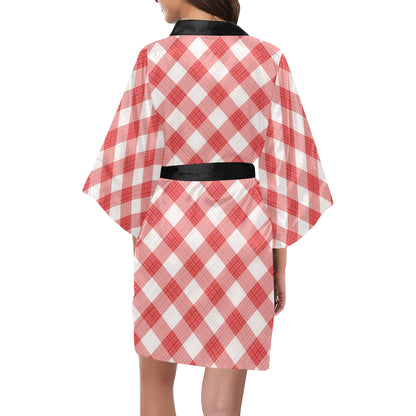 Gingham Red Pattern Print Design 01 Women's Short Kimono