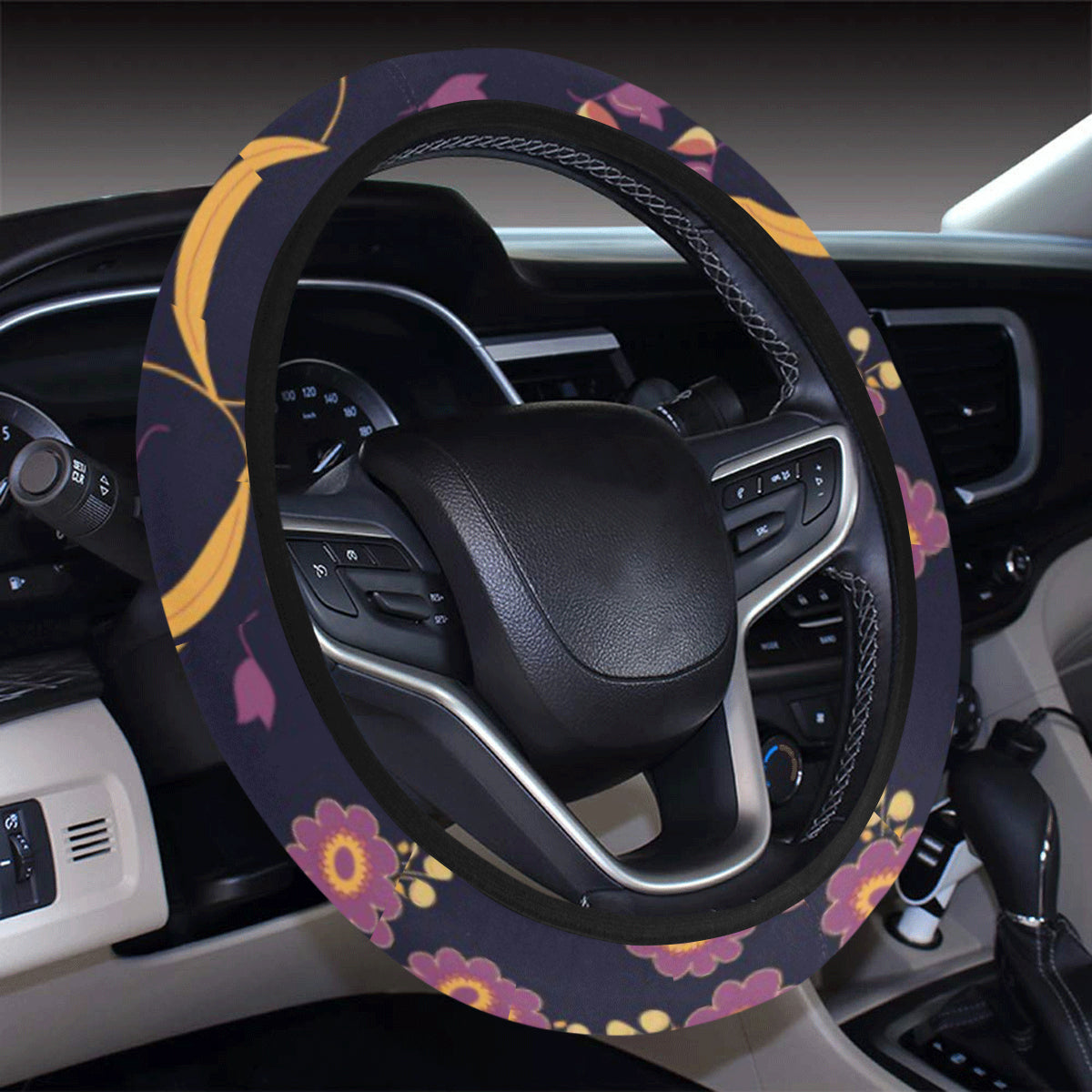 Anemone Pattern Print Design AM012 Steering Wheel Cover with Elastic Edge