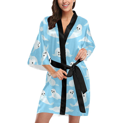 Sea Lion Cute Pattern Print Design 03 Women's Short Kimono