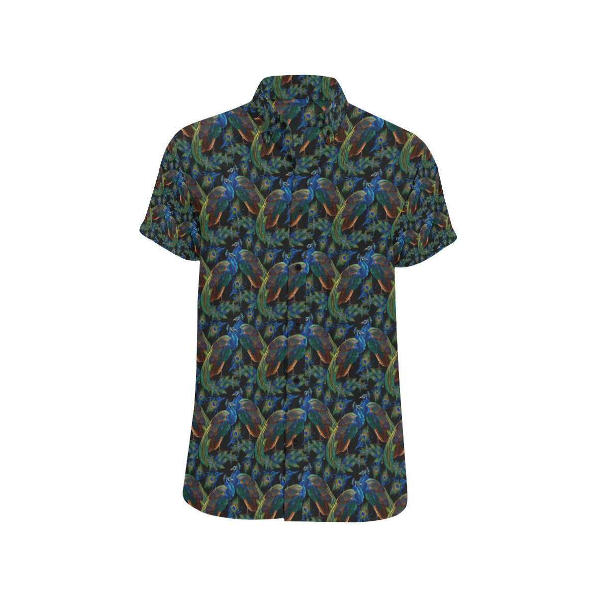 Peacock Themed Design Print Men's Short Sleeve Button Up Shirt