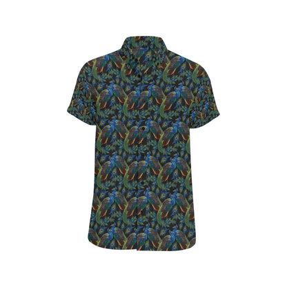 Peacock Themed Design Print Men's Short Sleeve Button Up Shirt
